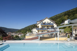 Blick vom Infinity Pool auf das Wellnesshotel Rothfuss
